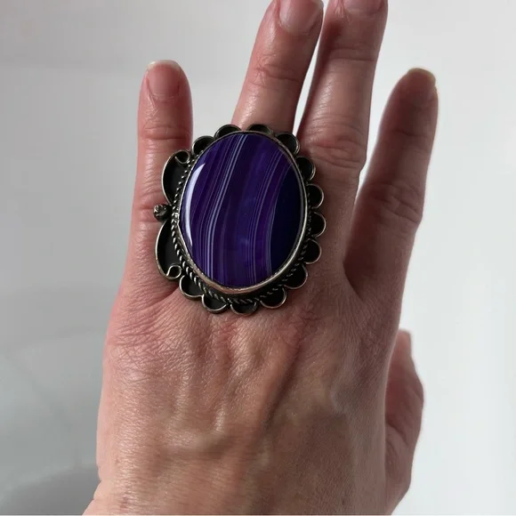 Gary Nez Navajo Purple Banded Agate Native American Huge Signed GN Ring Size 8